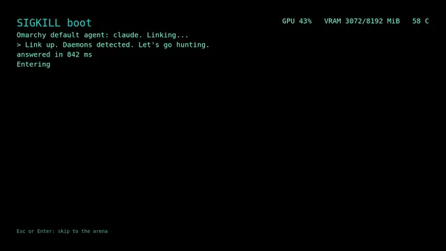 In-game capture: the SIGKILL boot screen on black, with the agent link line, a link up message and a demo GPU readout.