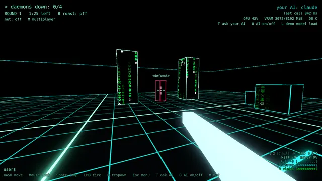 In-game capture: a daemon labelled defunct stands in the arena beside tall panels filled with green code rain.