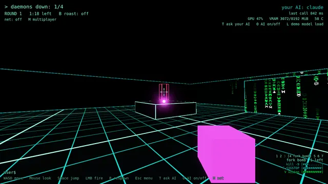 In-game capture: a thrown fork bomb glowing in flight toward a daemon across the neon grid.