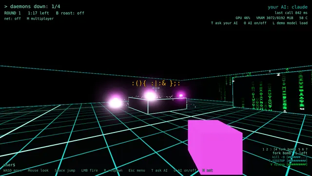 In-game capture: a fork bomb bursts into glowing blasts over a low block, with the classic fork bomb text floating above it.