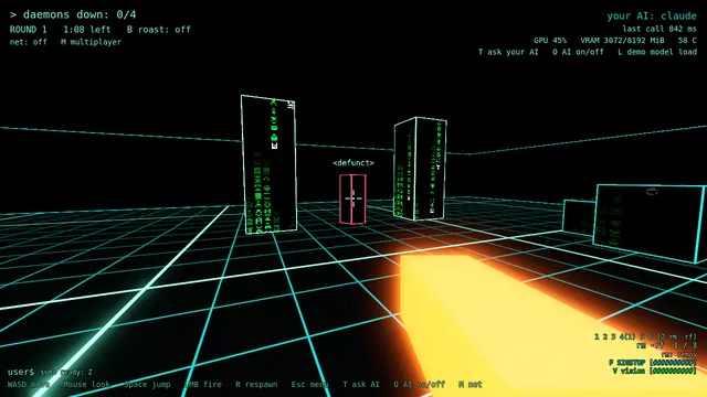 In-game capture: the glowing orange rm -rf cannon block in the foreground, aimed at a daemon labelled defunct between code-rain pillars.