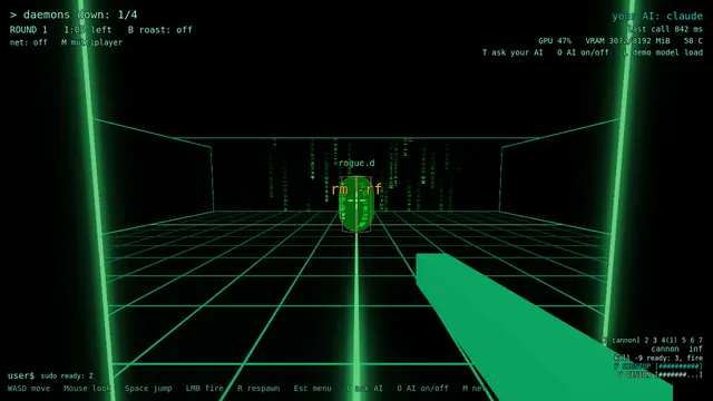 In-game capture: the whole view tinted green by code-rain vision, with a daemon drawn as a silhouette of green glyphs.