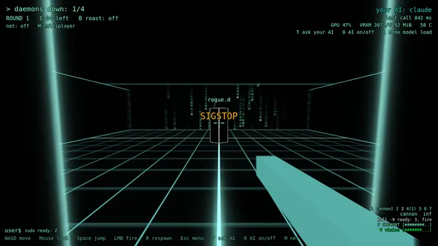 In-game capture: SIGSTOP bullet time, the view desaturated and a frozen daemon carrying an orange label.