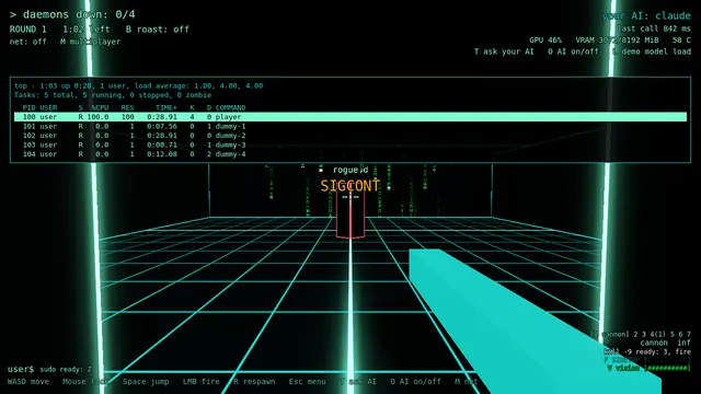 In-game capture: a top-style process table overlay listing PID, USER, S, CPU, RES, TIME, K, D and COMMAND columns over the arena.