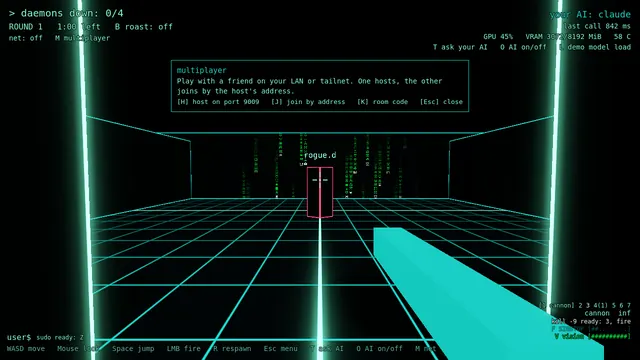 In-game capture: the multiplayer panel offering host on a port, join by address and room code, over the arena.