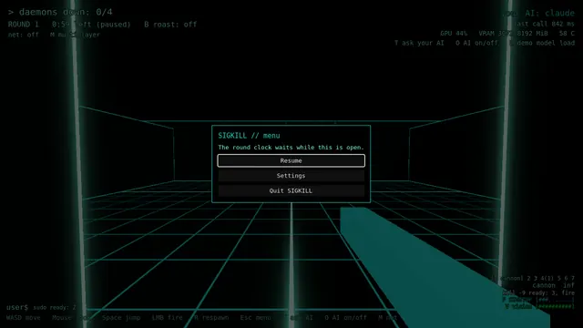 In-game capture: the SIGKILL slash slash menu with Resume, Settings and Quit entries over a dark arena.